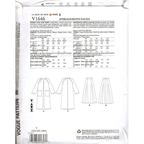 Vogue V1646 Misses XS to M Rachel Comey Coat and Skirt Uncut Sewing Pattern - Picture 2 of 2